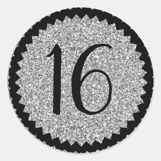 Sticker Rond 16e anniversaire Parties scintillant d'argent clas (Devant)