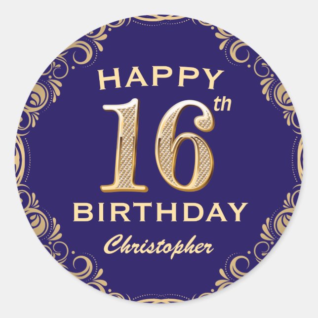 Sticker Rond 16e anniversaire Parties scintillant marine bleu e (Devant)