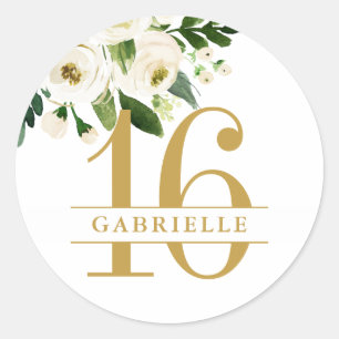 Sticker Rond 16e anniversaire Personnalisé White Gold Floral