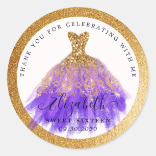 Sticker Rond 16e anniversaire Purple Gold Parties scintillant r