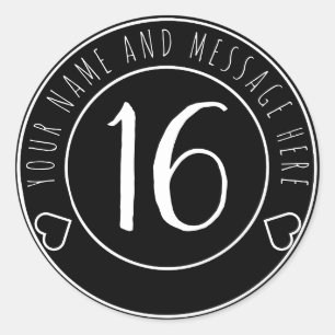 Sticker Rond 16e Cool de fête d'anniversaire Noir et blanc