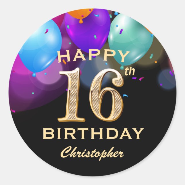 Sticker Rond 16e fête d'anniversaire Ballons noirs et or (Devant)
