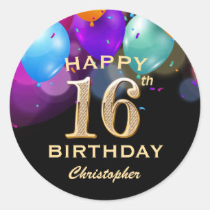 Sticker Rond 16e fête d'anniversaire Ballons noirs et or