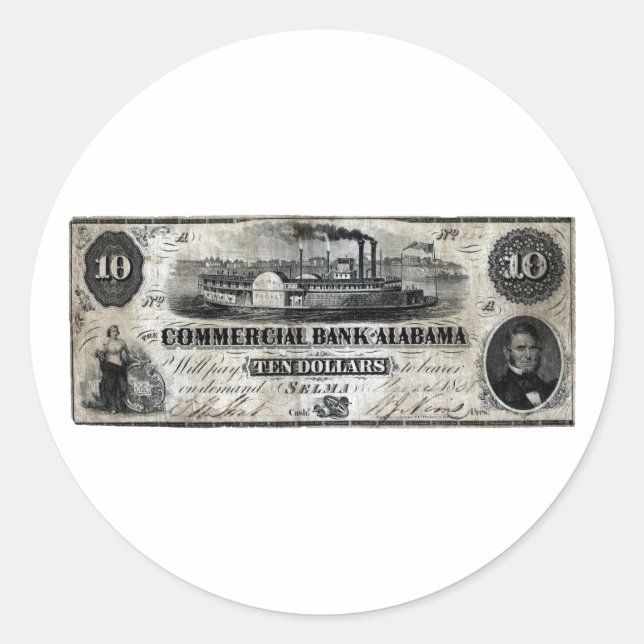 Sticker Rond 1858 Alabama Dix Dollars Note (Devant)