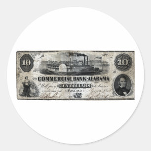 Sticker Rond 1858 Alabama Dix Dollars Note