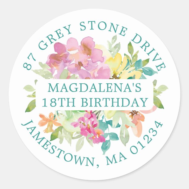 Sticker Rond 18e anniversaire été Floral Adresse de retour Labe (Devant)