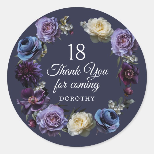 Sticker Rond 18e anniversaire Moody Purple Flower Merci Favor (Devant)