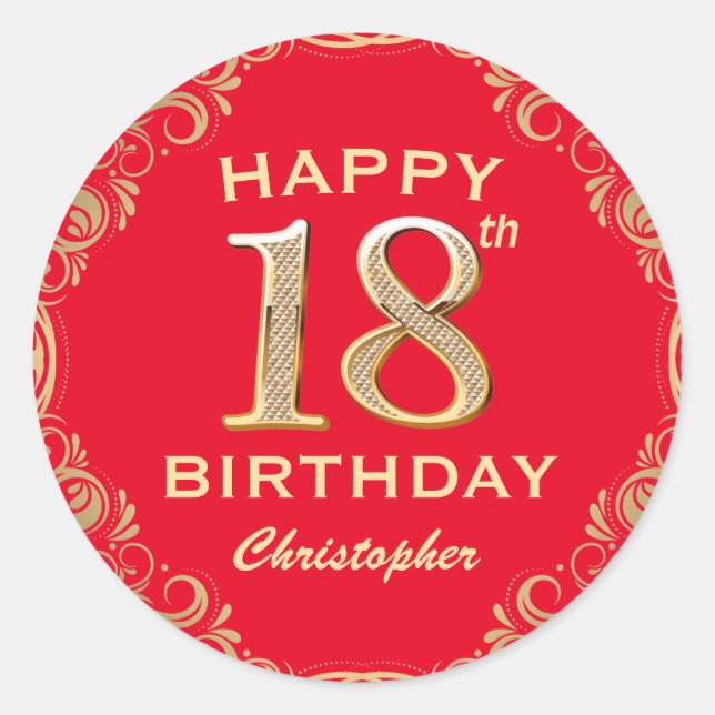 Sticker Rond 18e anniversaire Parties scintillant rouge et or c (Devant)