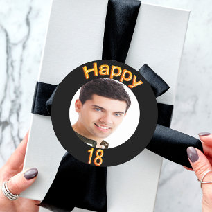 Sticker Rond 18e anniversaire photo ballons d'or noir