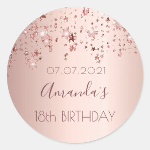 Sticker Rond 18e anniversaire rose or brillant étoiles glittery