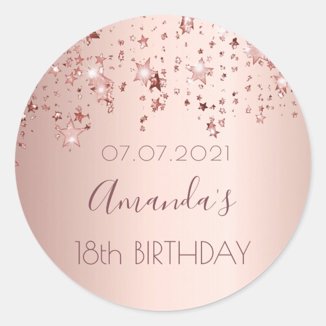 Sticker Rond 18e anniversaire rose or brillant étoiles glittery (Devant)