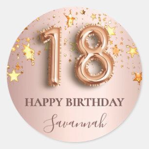 Sticker Rond 18e anniversaire rose or étoiles rose ballons poli