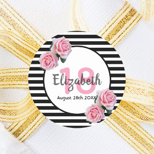 Sticker Rond 18e anniversaire roses roses sur bandes blanches n