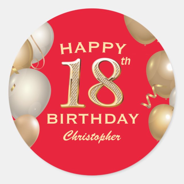 Sticker Rond 18e fête d'anniversaire Ballons rouge et or (Devant)