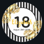 Sticker Rond 18th birthday black,gold roses white stripes<br><div class="desc">A sticker for a 18th birthday party. Classic slim black and white vertical stripes as background. With girly and feminine faux gold roses as decoration. A frame with template for age, name and date. Age 18 number in black and date in black. The name is written with a hand-lettered style...</div>