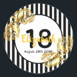 Sticker Rond 18th birthday black,gold roses white stripes<br><div class="desc">A sticker for a 18th birthday party. Classic slim black and white vertical stripes as background. With girly and feminine faux gold roses as decoration. A frame with template for age, name and date. Age 18 number in black and date in black. The name is written with a hand-lettered style...</div>