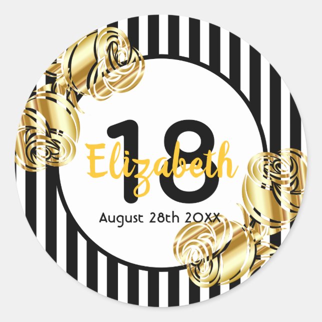 Sticker Rond 18th birthday black,gold roses white stripes (Devant)