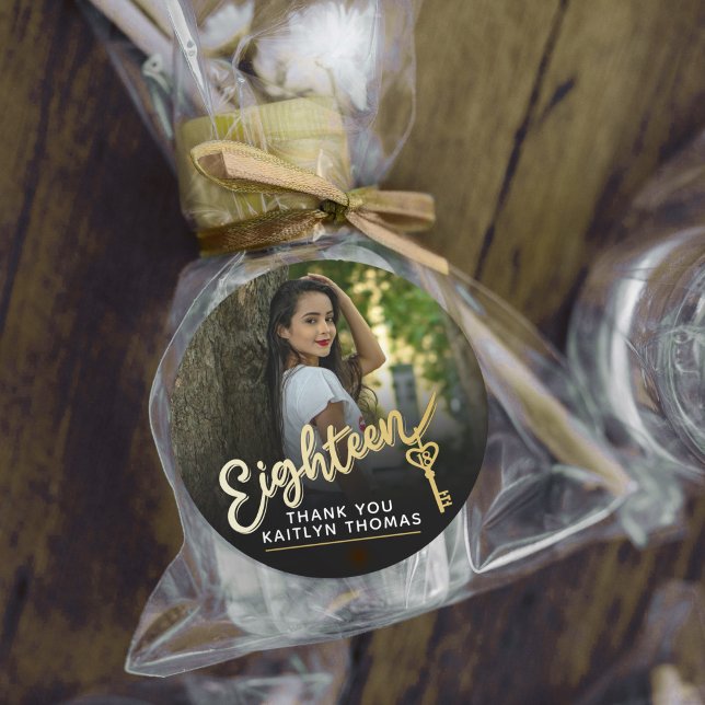 Sticker Rond 18th Birthday photo script gold effect 18 key (Créateur téléchargé)