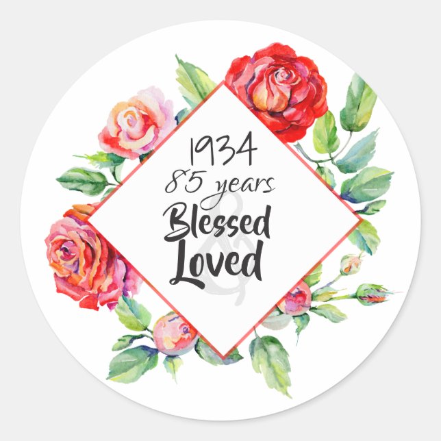 Sticker Rond 1934 85e anniversaire femme - Rose d'aquarelle per (Devant)