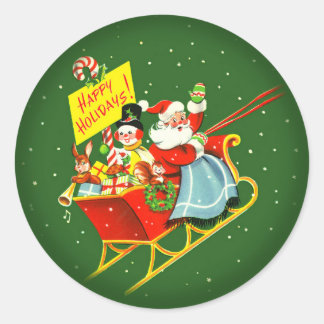 Sticker Rond 1940s Vintage Noël Père Noël avec Sleigh