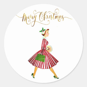 Sticker Rond 1950 Vintage Noël femme Joyeux Noël