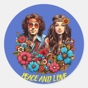 Sticker Rond 1960 Hippie Couple enfant à fleurs Peace & Love ar