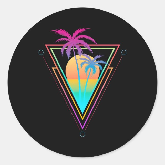 Sticker Rond 1980S 1990S Vaporwave Palm Trees Beach Surf (Devant)