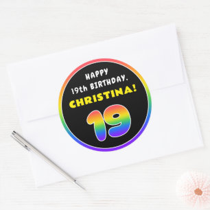 Sticker Rond 19e anniversaire : Arc-en-ciel coloré # 19, Nom pe