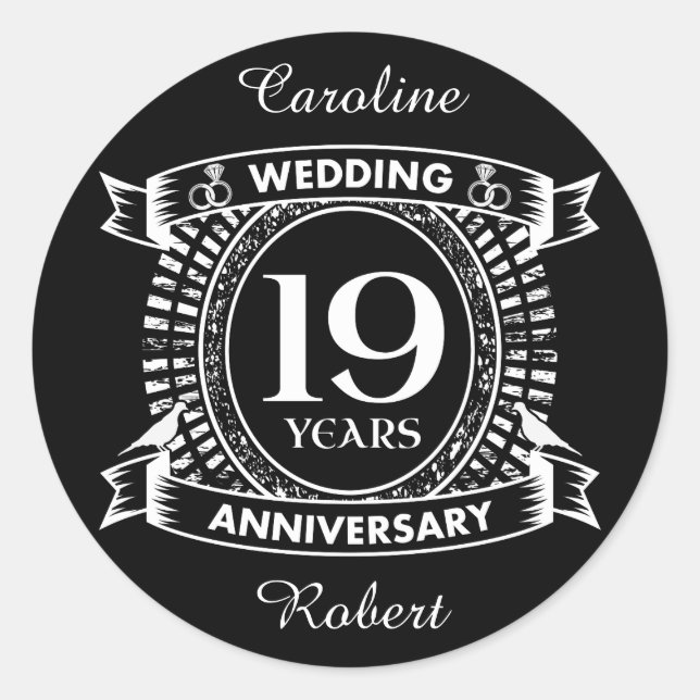 Sticker Rond 19E anniversaire du mariage noir et blanc (Devant)