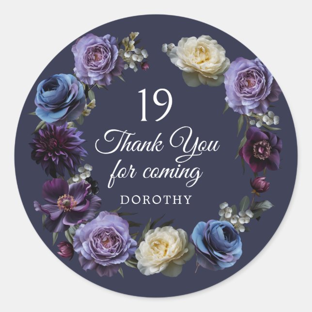 Sticker Rond 19e anniversaire Moody Purple Flower Merci Favor (Devant)