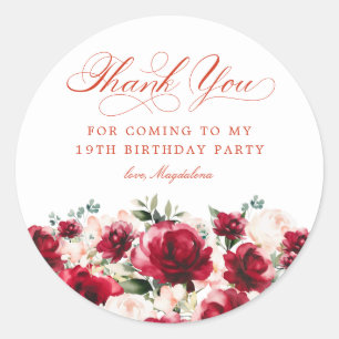 Sticker Rond 19e fête d'anniversaire Merci floral rose rouge