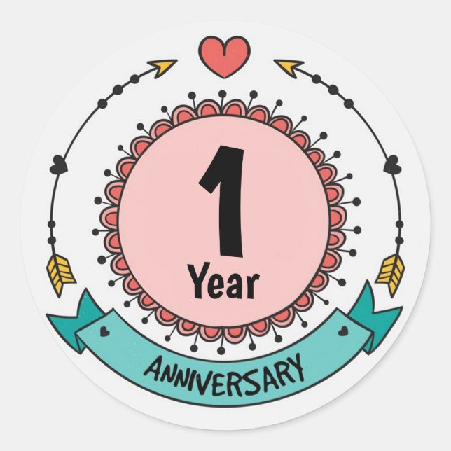 Sticker Rond 1 an d'anniversaire avec cœurs et flèches (Devant)