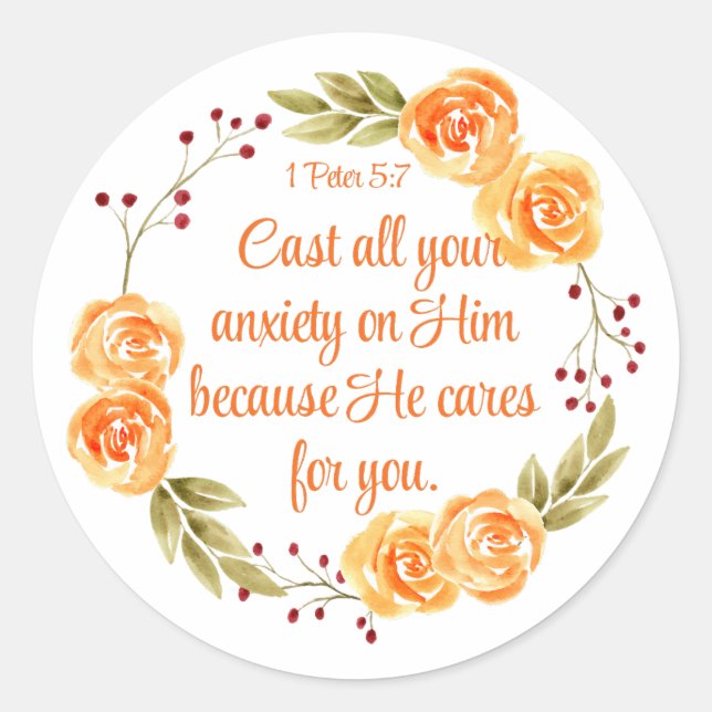 Sticker Rond 1 Pierre 5:7 Écriture Biblique Florale Orange (Devant)