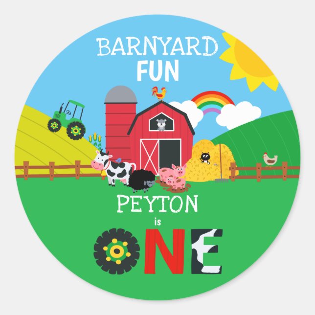Sticker Rond 1er Anniversaire Animaux de ferme Barnyard Fun Kid (Devant)