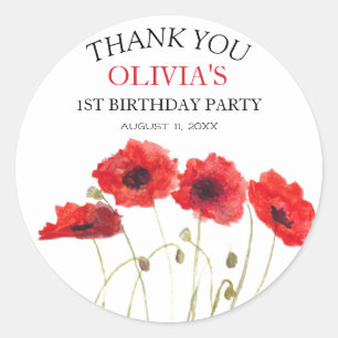 Sticker Rond 1er Anniversaire Fête Poppies Bébé Fille