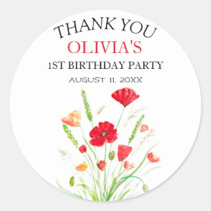 Sticker Rond 1er Anniversaire Fête Poppies Bébé Fille