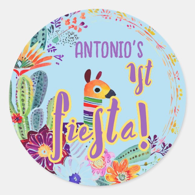 Sticker Rond 1er Anniversaire Fiesta Pour BOY Folkart Floral Fa (Devant)