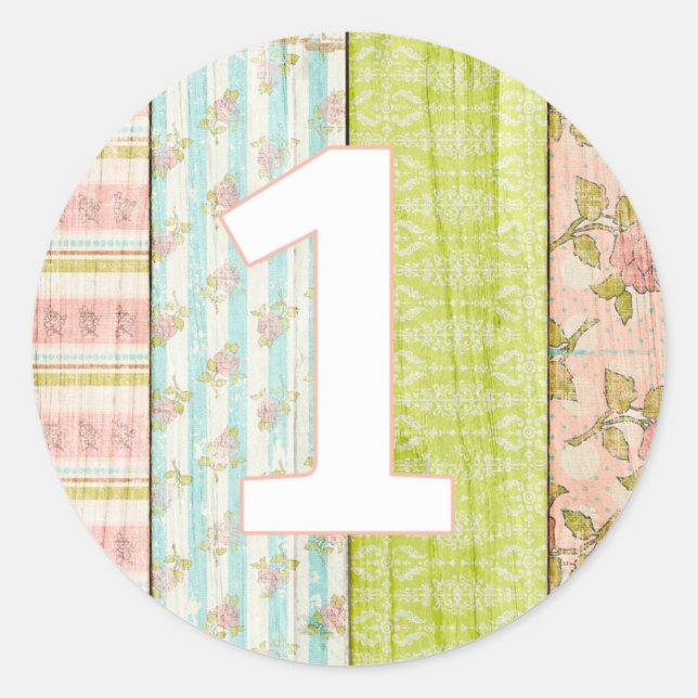 Sticker Rond 1er anniversaire fille Shabby Chic Rose chalet Flo (Devant)