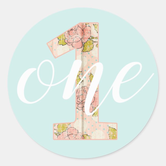 Sticker Rond 1er anniversaire fille Shabby Chic Rose chalet Flo (Devant)