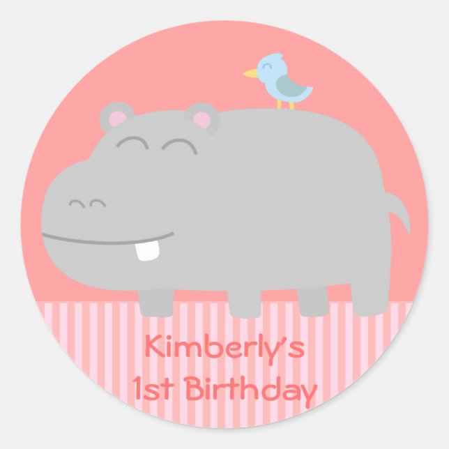 Sticker Rond 1er anniversaire : Hippopotame mignon avec dessin  (Devant)