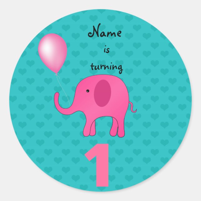 Sticker Rond 1er Anniversaire nom éléphant coeurs turquoise (Devant)