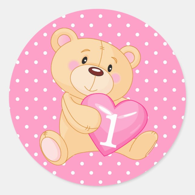 Sticker Rond 1er anniversaire Ours avec coeur (Devant)