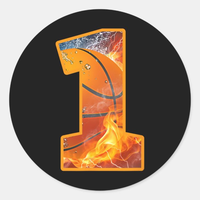 Sticker Rond 1er Anniversaire Party Basketball Imprimer Numéro  (Devant)