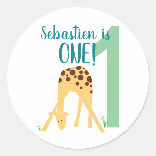 Sticker Rond 1er anniversaire personnalisé Giraffe jaune modern (Devant)
