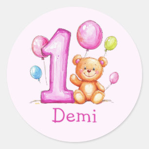 Sticker Rond 1er anniversaire rose personnalisé pour les filles