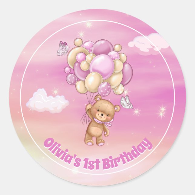 Sticker Rond 1er anniversaire Teddy Bear Ballons rose (Devant)