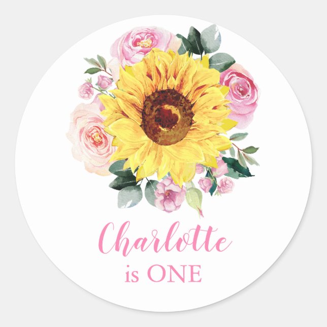 Sticker Rond 1er Anniversaire tournesol rose Floral Personnalis (Devant)
