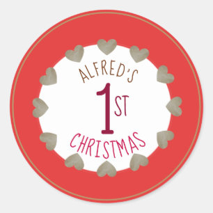 Sticker Rond 1er coeur rouge et or de Noël du bébé