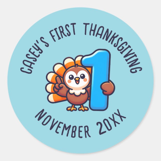 Sticker Rond 1er Thanksgiving de bébé Nom et année personnalisé (Devant)