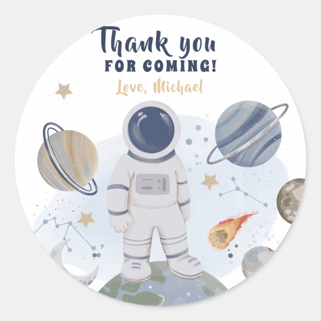 Sticker Rond 1er voyage Galaxy Boy Anniversaire Merci (Devant)